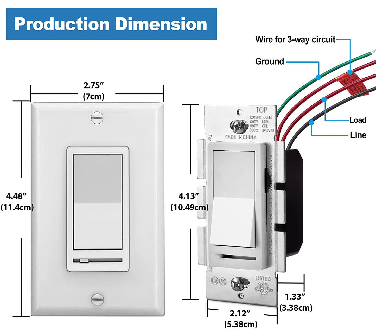 ALMOND Dimmer w/ Rocker Switch 150w 120V (Standard Gang Box Installation)
