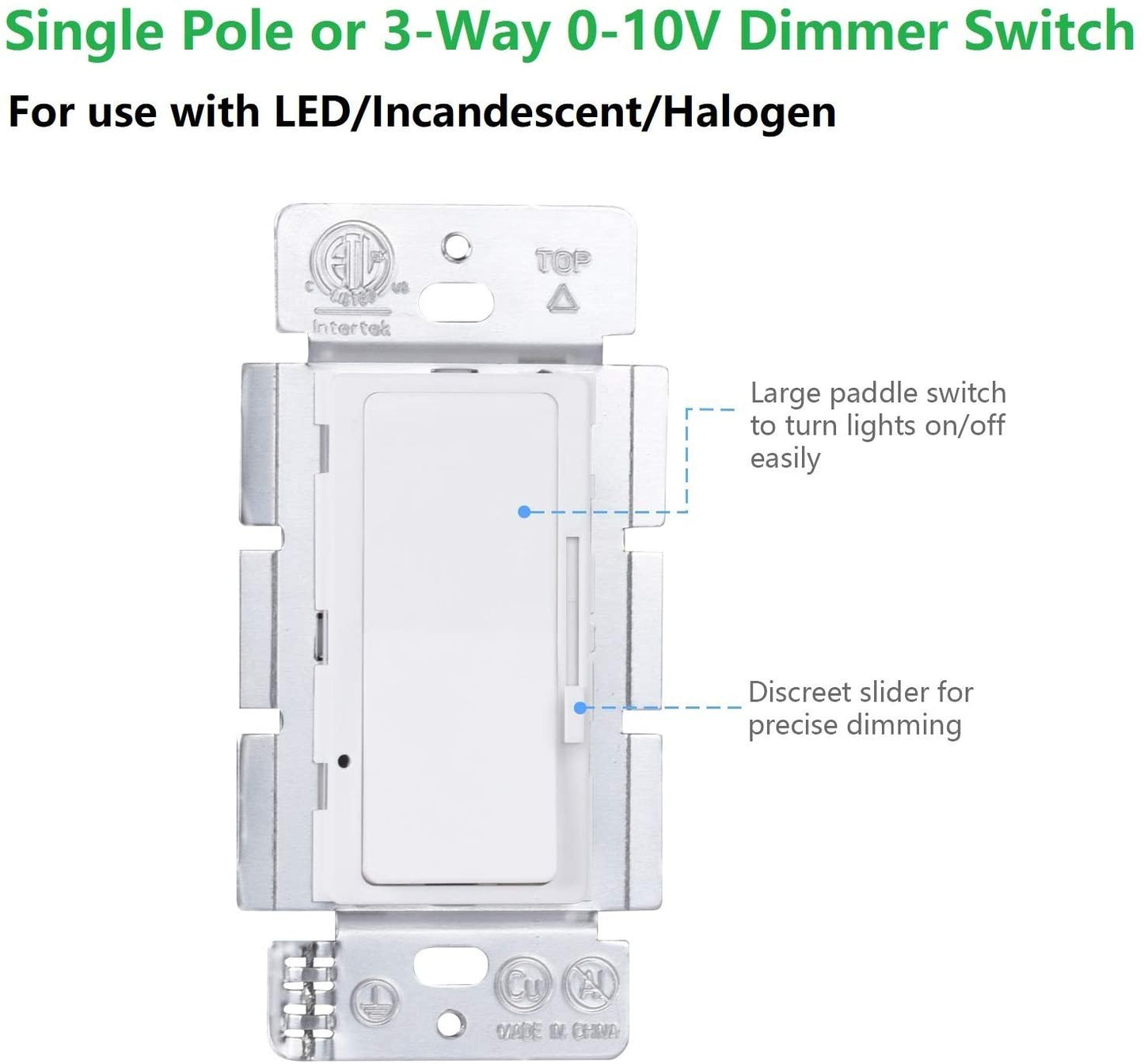 Dimmer Switch, 0-10V DC Low Voltage Single-Pole or 3-Way Dimmable LED/CFL/Incandescent/Halogen, Wall Plate (WHITE)