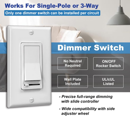 WHITE Dimmer w/ Rocker Switch 150w 120V (Standard Gang Box Installation)
