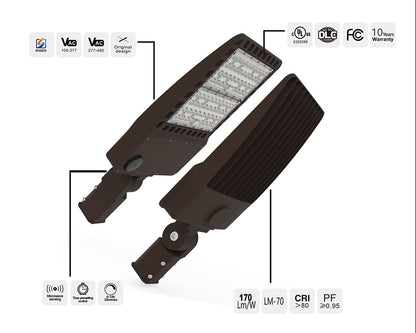 Shoe Box Light WATTAGE SWITCHABLE (200w/240w/300w) 25,500 Lumen 277-480Vac w/4ft AC Cord (Optional Remote Programmability or Dusk to Dawn Sensor)