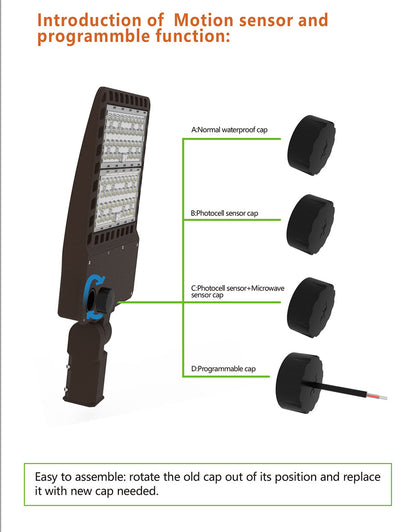 Shoe Box Light WATTAGE SWITCHABLE (200w/240w/300w) 25,500 Lumen 277-480Vac w/4ft AC Cord (Optional Remote Programmability or Dusk to Dawn Sensor)