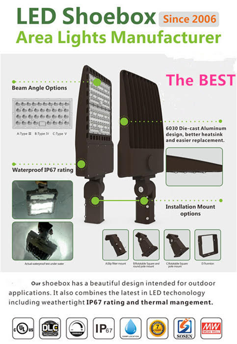 Shoe Box Light WATTAGE SWITCHABLE (200w/240w/300w) 25,500 Lumen 277-480Vac w/4ft AC Cord (Optional Remote Programmability or Dusk to Dawn Sensor)