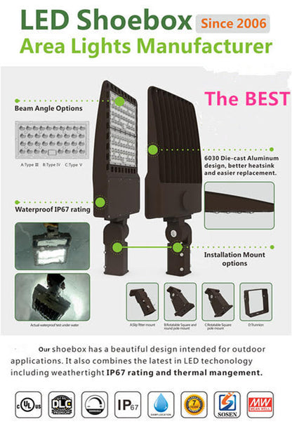 Shoe Box Light WATTAGE SWITCHABLE (200w/240w/300w) 25,500 Lumen 277-480Vac w/4ft AC Cord (Optional Remote Programmability or Dusk to Dawn Sensor)