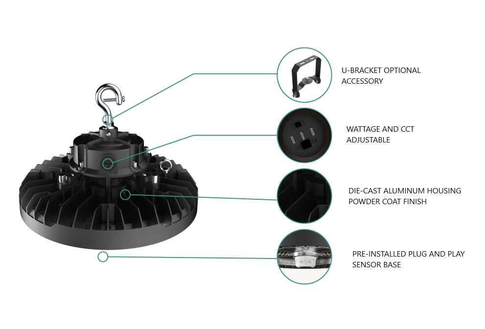 PRO-SELECT UFO High Bay 120-277V 150lm/w  150w/120w/100w Selectable 3500K/4000K/5000K Tunable W/Pre-Installed 12V AUX PIN Sensor Socket 22,500 Lumens w/6ft Whip Cord