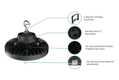 PRO-SELECT UFO High Bay 120-277V 150lm/w  150w/120w/100w Selectable 3500K/4000K/5000K Tunable W/Pre-Installed 12V AUX PIN Sensor Socket 22,500 Lumens w/6ft Whip Cord