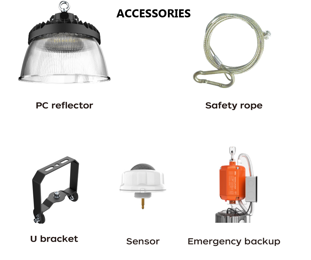 PRO-SELECT UFO High Bay 120-277V 150lm/w  150w/120w/100w Selectable 3500K/4000K/5000K Tunable W/Pre-Installed 12V AUX PIN Sensor Socket 22,500 Lumens w/6ft Whip Cord