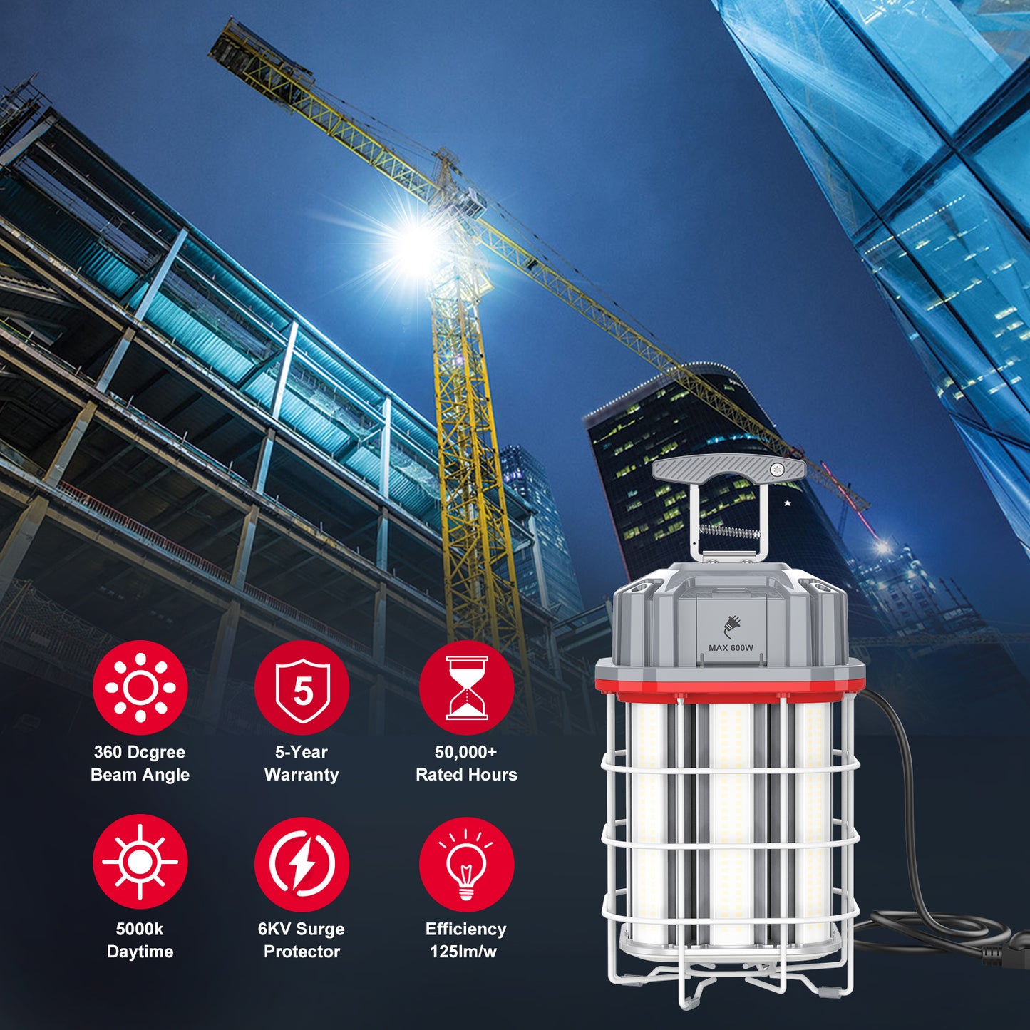 150W JOBSITE LINKABLE HANGING LIGHT 21,150lm 5000K 10FT 3-PRONG AC POWER CORD (YELLOW)